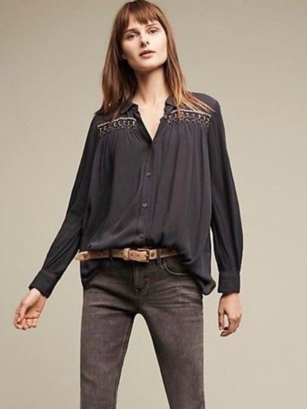 Floreat by Anthropologie Beulah Beaded Tunic Top | XSP| Navy Blue | NWT